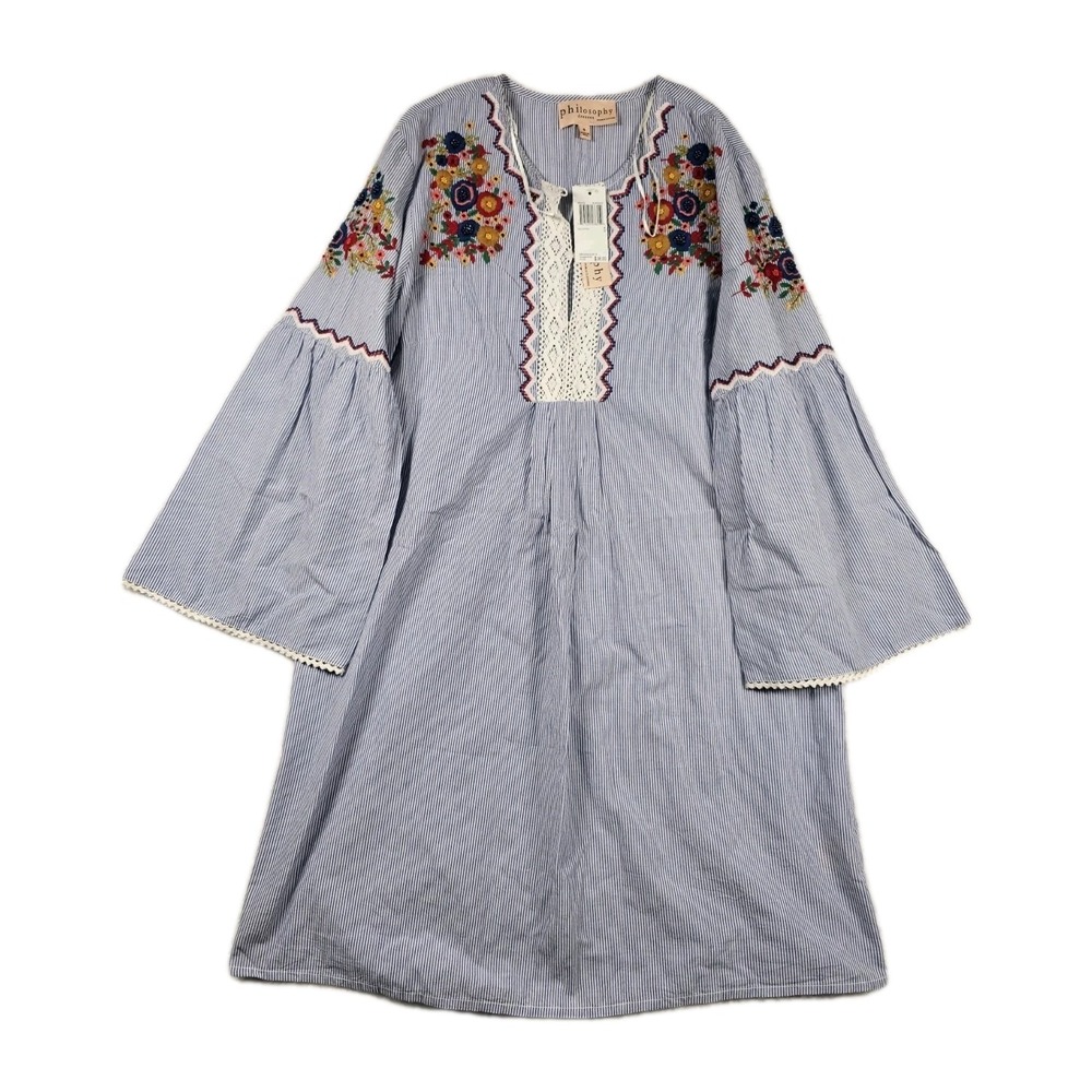 Philosophy Womens S Embroidered Boho Peasant Dress Blue White Stripe Bell NWT